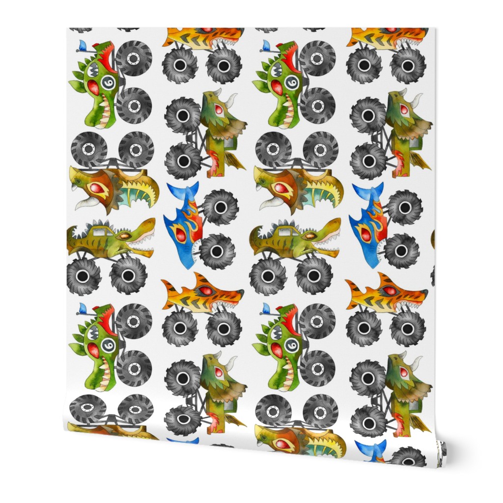 watercolor animal monster cars - white, large