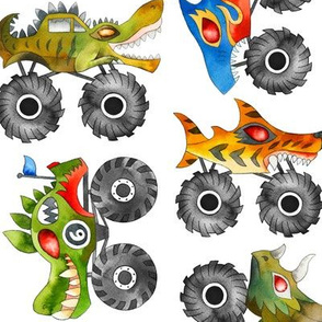 watercolor animal monster cars - white, large