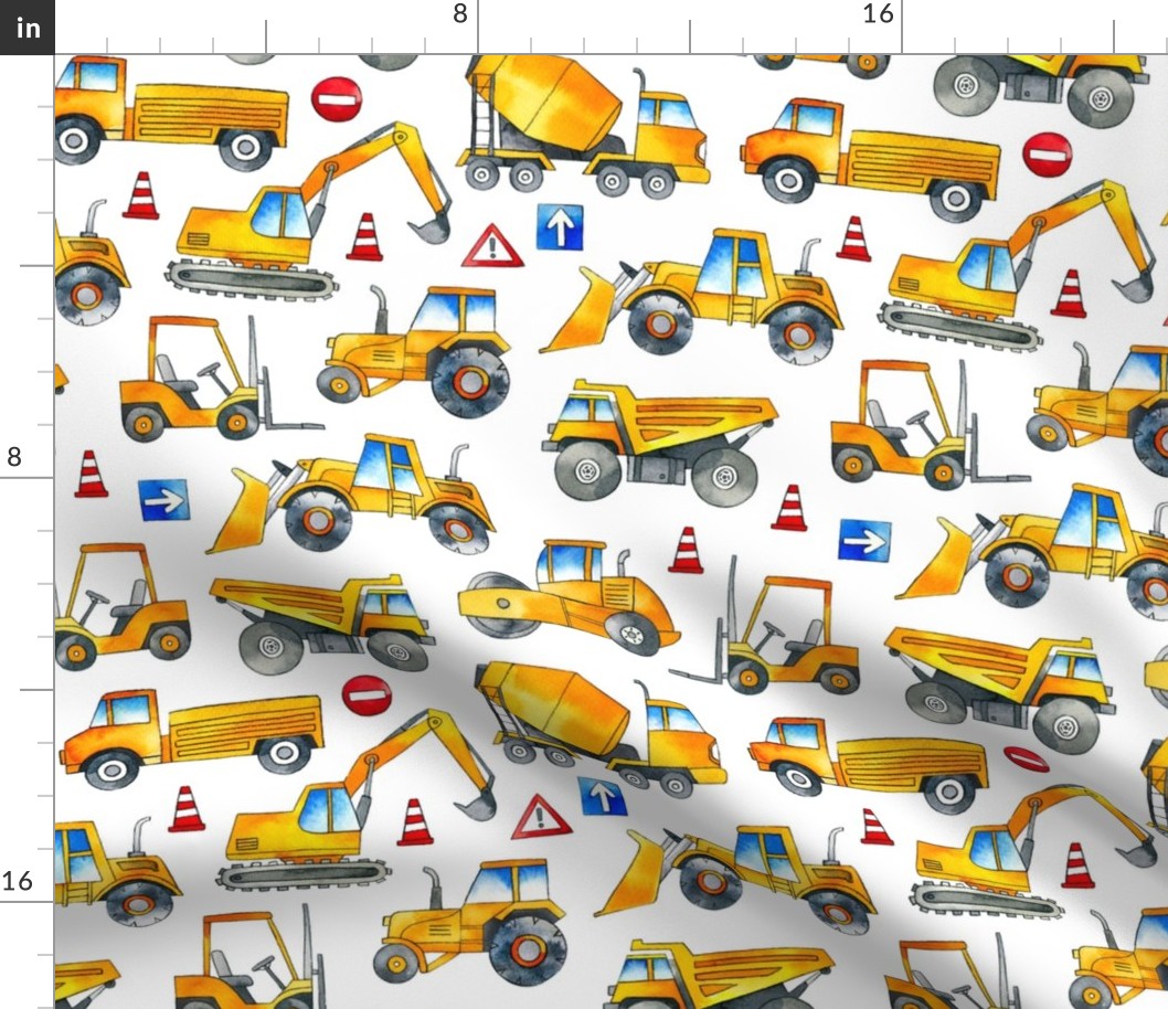 Watercolor Construction Cars / White Background / Large Scale