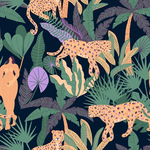 Eva and Leopards  in Night Jungle 