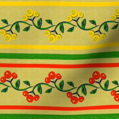 Bohemian Vine and Flower Stripe in Green Red and Yellow