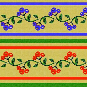 Bohemian Vine and Flower Stripe in Green Red and Blue