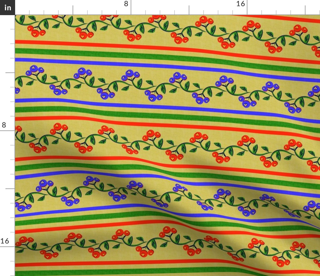Bohemian Vine and Flower Stripe in Green Red and Blue