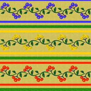 Bohemian Vine and Flower Stripe in Red Yellow Blue and Green