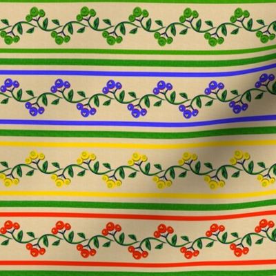 Bohemian Vine and Flower Stripe Beige with Red Blue Green and Yellow