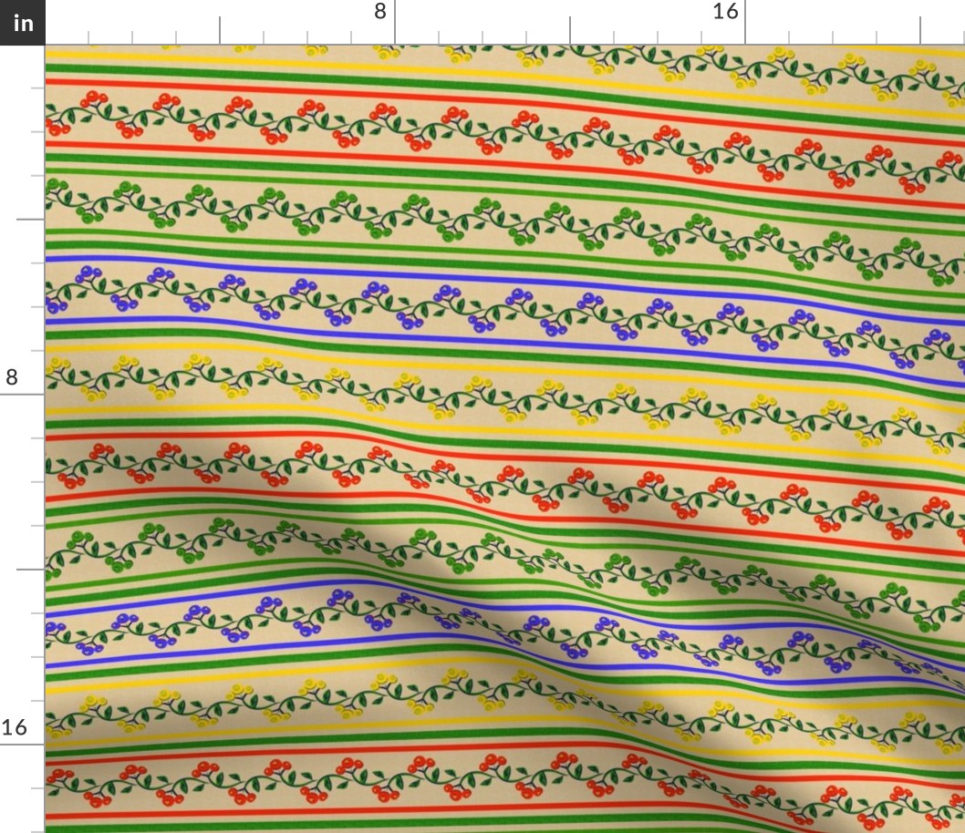 Bohemian Vine and Flower Stripe Beige with Red Blue Green and Yellow