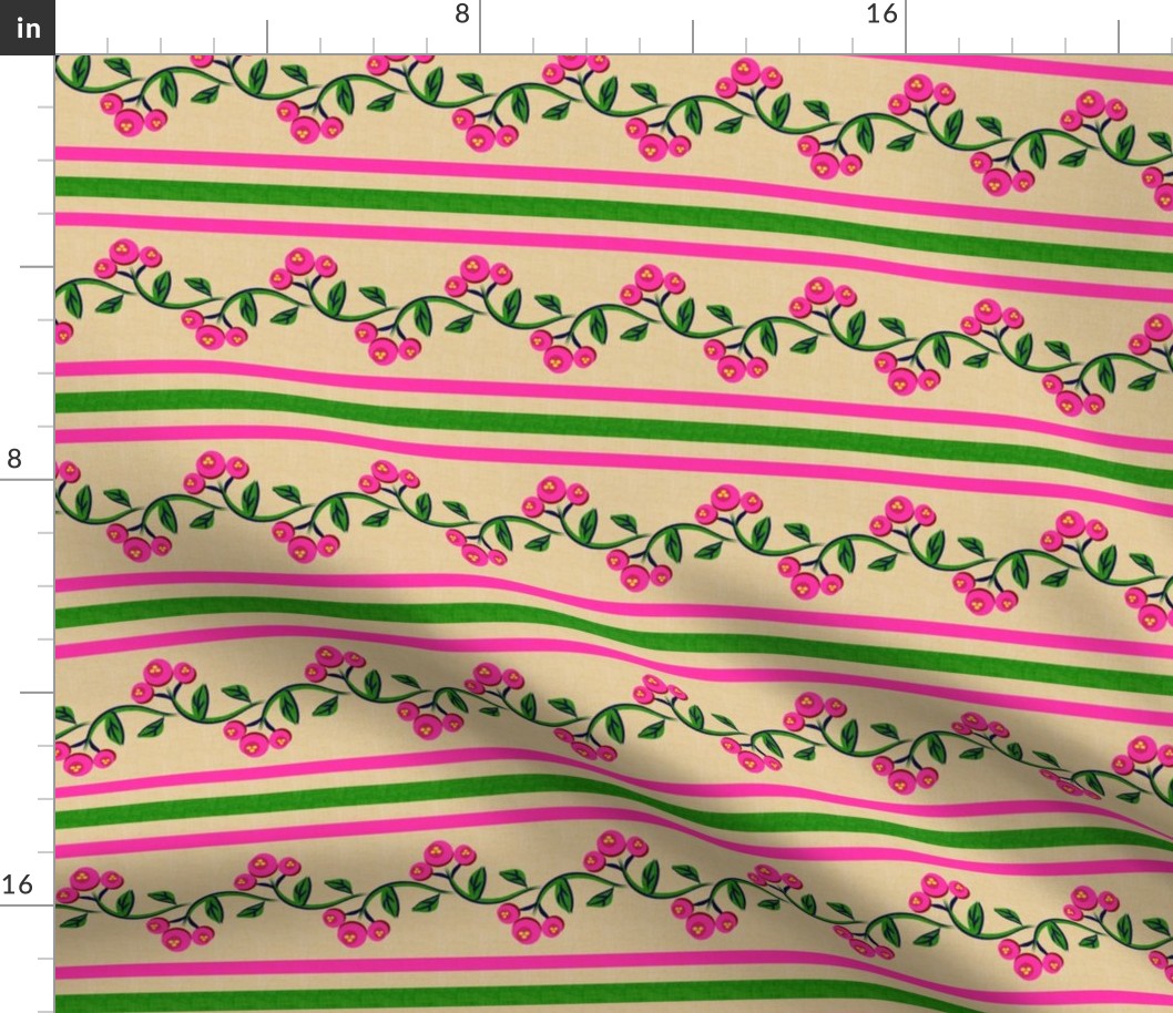 Bohemian Vine and Flower Stripe Beige with Pink