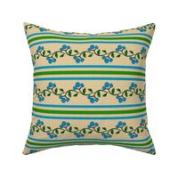 Bohemian Vine and Flower Stripe Beige with Teal Blue