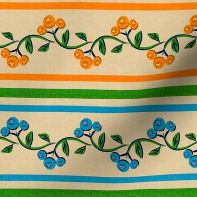 Bohemian Vine and Flower Stripe Beige with Teal Blue and Orange