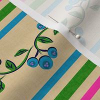 Bohemian Vine and Flower Stripe Beige with Teal Blue and Pink