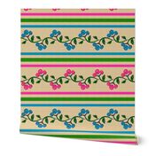 Bohemian Vine and Flower Stripe Beige with Teal Blue and Pink