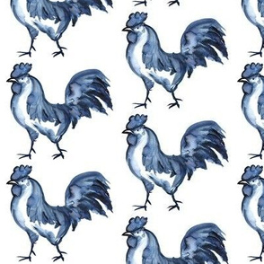 Roosters in Blue Watercolor