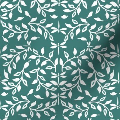  Leafy Field Arts & Crafts style fabric - white on dark-gray-bluegreen with dragonflies 