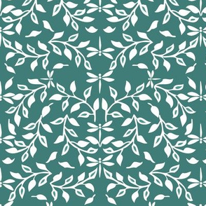  Leafy Field Arts & Crafts style fabric - white on dark-gray-bluegreen with dragonflies 