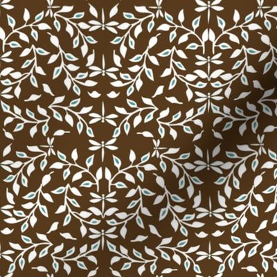  Leafy Field Arts & Crafts style fabric - white & brown with dragonflies