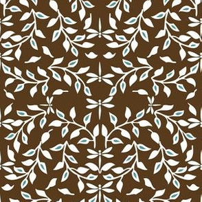  Leafy Field Arts & Crafts style fabric - white & brown with dragonflies