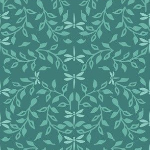  Leafy Field Arts & Crafts style fabric lt-green & med-gray-bluegreen with dragonflies