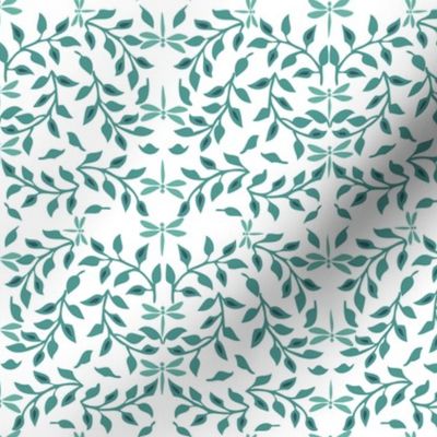  Leafy Field Arts & Crafts style fabric - bluegreen & white with dragonflies