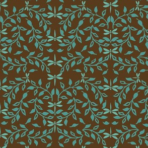  Leafy Field Arts & Crafts style fabric - bluegreen & brown with dragonflies