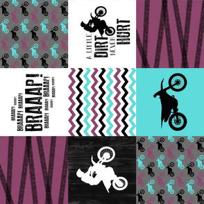 Motocross//A little dirt never hurt//Purple & Aqua - Wholecloth cheater quilt - Rotated