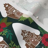 Gingerbread Houses and Christmas Florals - Small Scale -  Green Background