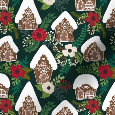 Gingerbread Houses and Christmas Florals - Small Scale -  Green Background