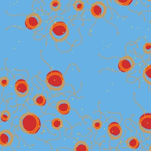 Imaginary pond life (blue orange red juicy) Colorful microscopic creatures flowing on a bright blue background