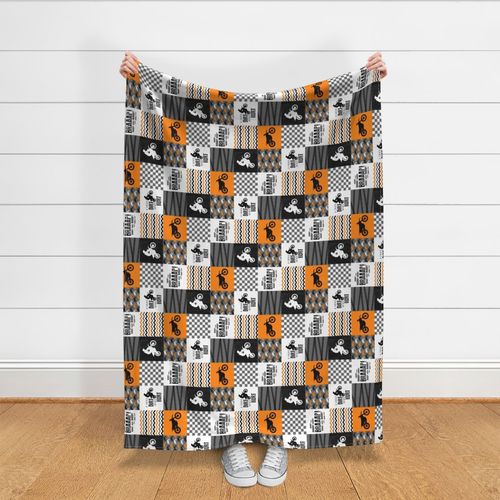 4.5 inch Motocross//A little dirt never hurt//Orange - Wholecloth Cheater Quilt Rotated