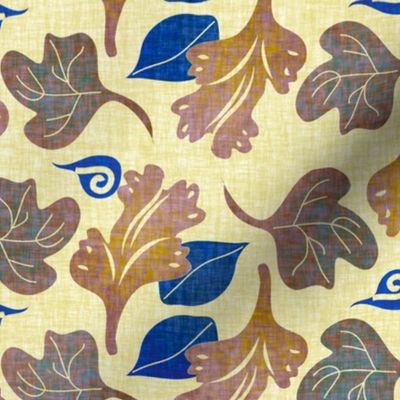 Scattered Brown and Royal Blue Leaves on Linen Look