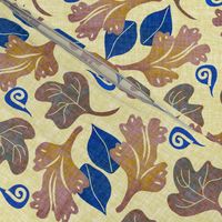 Scattered Brown and Royal Blue Leaves on Linen Look