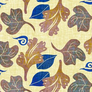 Scattered Brown and Royal Blue Leaves on Linen Look