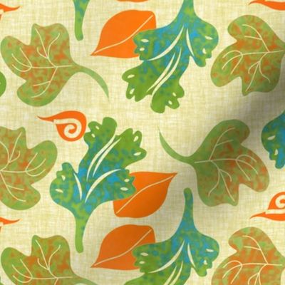 Scattered Coral and Green Leaves on Linen Look