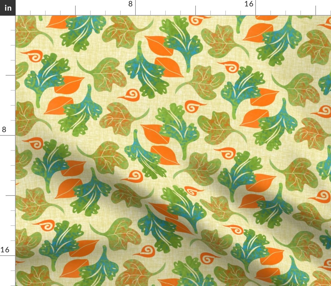 Scattered Coral and Green Leaves on Linen Look