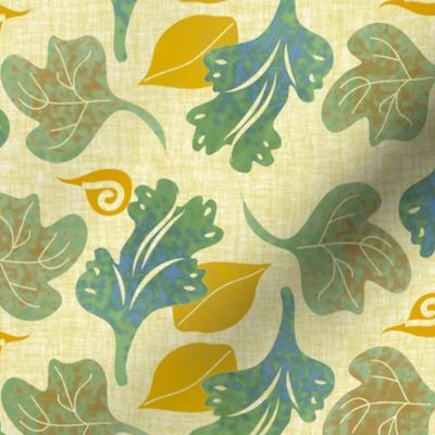 Scattered Mustard and Blue Green Leaves on Linen Look