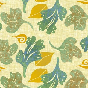 Scattered Mustard and Blue Green Leaves on Linen Look