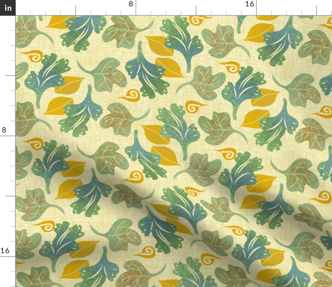 Scattered Mustard and Blue Green Leaves on Linen Look