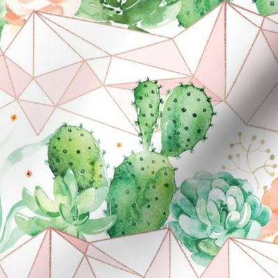 Watercolor cactus with coral geometrics
