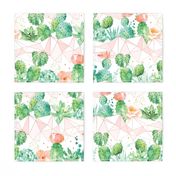 Watercolor cactus with coral geometrics