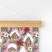 Gingerbread Houses and Christmas Florals - Small Scale - Pink Background - Festive Winter holiday Sw