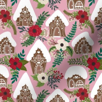Gingerbread Houses and Christmas Florals - Small Scale - Pink Background - Festive Winter holiday Sw