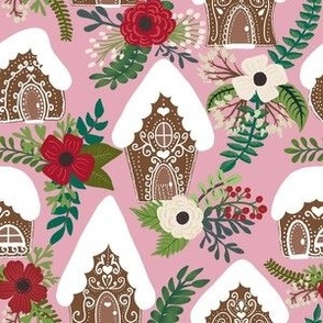 Gingerbread Houses and Christmas Florals - Small Scale - Pink Background - Festive Winter holiday Sw