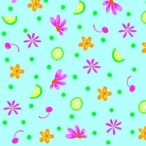 Limes Cherries and Flowers light blue Large