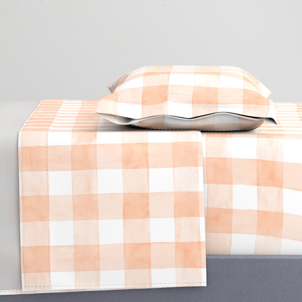 Peach Fuzz Watercolor Gingham - Large Scale - Buffalo Plaid Checkers Apricot Orange Pantone 2024 Color of the Year