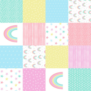 rainbow cheater quilt - 6" quilt squares - wholecloth patchwork crib blanket baby girl pastel baby fabric