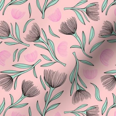 Pohutukawa flower blossom summer swim garden illustration pattern girls pink mint
