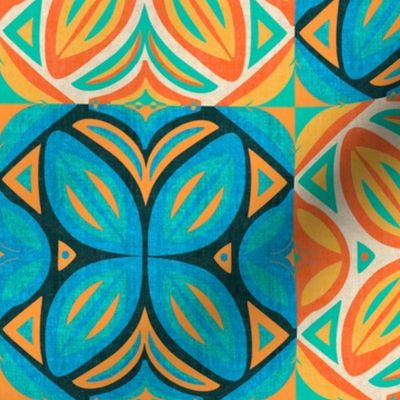 Abstract Bohemian Butterfly Counterchanged Checkerboard in Blue Turquoise and Orange