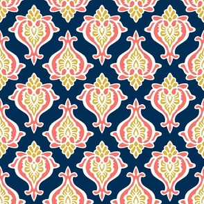 Indian Damask Coral and Gold on Navy