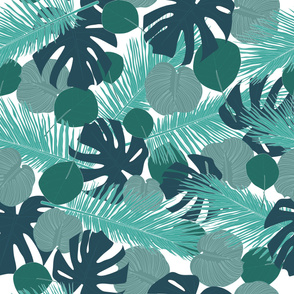 Jungle Tropical Green Teal Blue Monstera Palm Leaves Digital Design - big scale