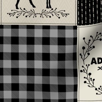 Adventure Woodland Quilt Top - Cheater Quilt Patchwork Blanket, Black Grey & Cream