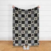 Adventure Woodland Quilt Top - Cheater Quilt Patchwork Blanket, Black Grey & Cream